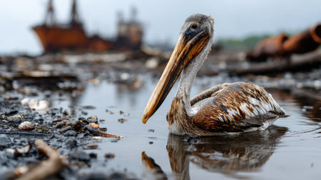 A serene image of a pelican gliding through shallow water, set against the backdrop of a rusting shipwreck. This shot captures the essence of coastal wildlife.の素材