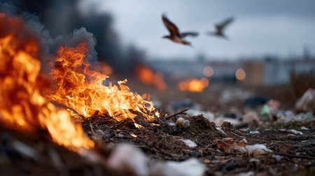 This striking image captures flames consuming debris in a polluted outdoor area, highlighting the environmental challenges faced by wildlife.の素材