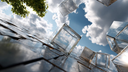 A captivating abstract scene featuring transparent cubes floating gracefully above a reflective surface, with a backdrop of clouds and greenery.の素材