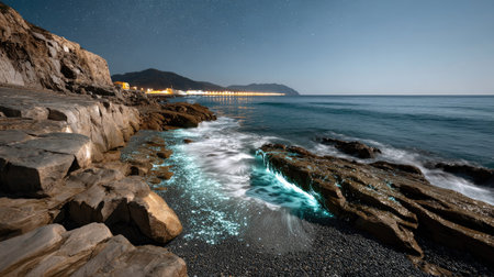 A captivating nighttime coastal scene featuring gentle waves lapping at rocky shores under a starry sky with twinkling city lights in the distance.の素材