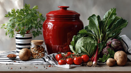 A captivating display of fresh organic vegetables and herbs, featuring a stylish red pot and rustic elements, perfect for culinary and lifestyle themes.の素材
