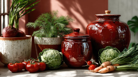 A stunning still life showcasing fresh vegetables and herbs in decorative red pots. Perfect for promoting healthy cooking and vibrant kitchen settings.の素材