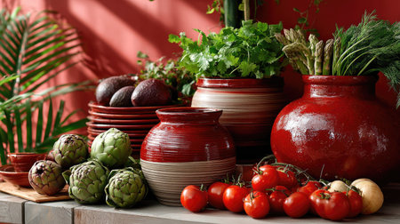This vibrant image showcases a variety of fresh vegetables and herbs arranged in rustic pots against a colorful background, perfect for culinary themes.の素材
