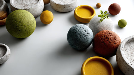 This image showcases an artistic arrangement of vibrant textured ceramic stones and bowls on a minimalist surface, highlighting modern design elements.の素材