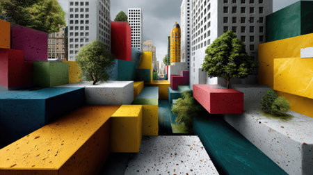 A vibrant urban landscape showcases an imaginative blend of colorful geometric shapes and greenery, reflecting modern architectural elements in a dynamic city scene.の素材