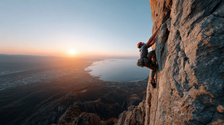 A daring climber ascends a steep rocky cliff during a breathtaking sunset. The view showcases a stunning coastal landscape below, evoking a sense of adventure.の素材