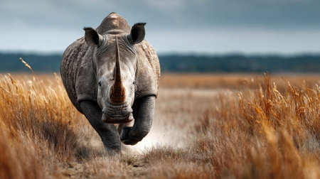 A striking image of a rhinoceros charging through golden grasslands beneath a dramatic sky. This powerful herbivore exemplifies the beauty and strength of wildlife in its natural habitat.の素材