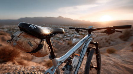 A striking image of a mountain bike resting on rugged terrain during sunset, showcasing the bikeの素材