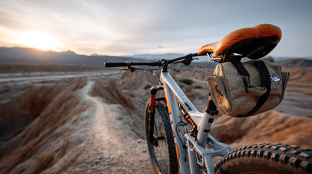 A captivating view of a mountain bike at sunset, showcasing rugged desert terrain and a remote landscape. The scene captures the essence of adventure and exploration.の素材