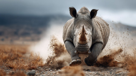 A dynamic image captures a rhinoceros charging across a dusty terrain, showcasing its incredible power and motion in a dramatic wildlife scene.の素材