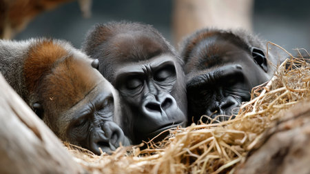 Three adorable gorillas peacefully rest together, nestled in soft straw bedding, showcasing a moment of calm and connection within their natural habitat.の素材