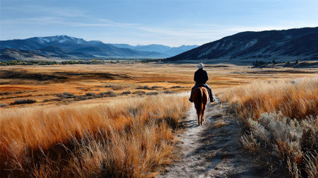A serene image of a rider on a horse, traversing a grassy trail through golden fields, with majestic mountains in the backdrop under a bright sky.の素材