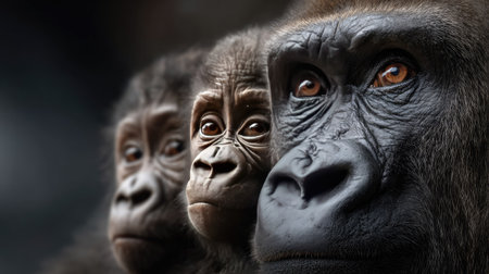 This captivating image captures three gorillas spanning generations, showcasing their expressions and connecting the essence of family bonds in the wild.の素材