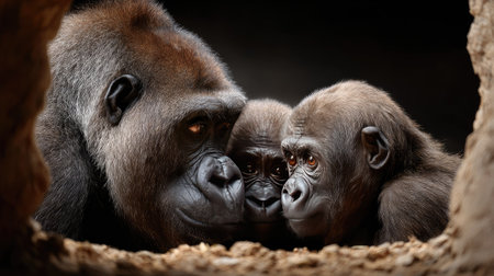 A captivating image showcasing the intimate connection between a gorilla family, highlighting their expressions and the warmth of their relationship in a natural setting.の素材