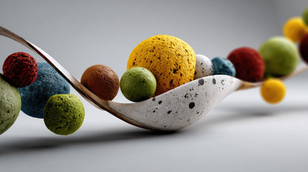 This artistic image features a stunning arrangement of colorful and textured spheres on a wavy surface, perfect for creative projects and decorative inspiration.の素材