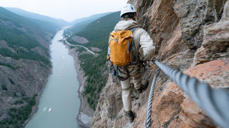 A brave climber scales a rocky cliff, enjoying breathtaking views of a winding river and surrounding mountains, showcasing the thrill of outdoor adventure.の素材