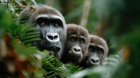 A captivating close-up of three young gorillas nestled among vibrant jungle foliage. Their curious expressions reveal a deep connection to nature, presenting a serene moment in the wild.の素材