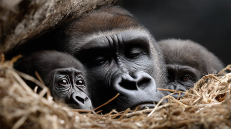 A heartwarming scene of a family of gorillas nestled in a soft nest, showcasing the bond between a mother and her young. The gentle expressions highlight their natural habitat and the beauty of wildlife.の素材