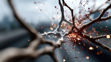 This stunning image captures a detailed neuron featuring glowing synapses amidst a dark abstract background, illustrating the complexity of neural connections and brain activity.の素材