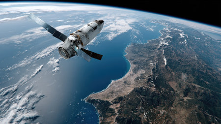 A stunning view of a spacecraft orbiting Earth, showcasing the intricate coastal landscape and vast ocean below. This image captures both nature and advanced technology harmoniously.の素材