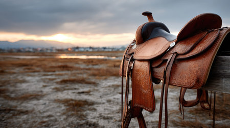 A stunning image of a weathered leather saddle resting on a wooden rail, capturing the essence of rural adventure during a beautiful sunset.の素材