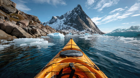 A vibrant orange kayak glides through crystal-clear waters, surrounded by towering snow-capped mountains and drifting icebergs, creating a breathtaking vista.の素材