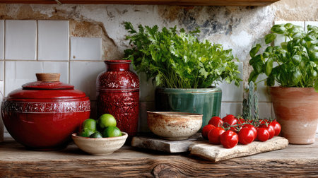 This composition showcases fresh produce and herbs arranged in colorful pots on a rustic wooden surface, perfect for culinary inspiration and home decor ideas.の素材