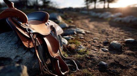 A stunning leather saddle rests on rocky terrain, illuminated by the warm glow of the setting sun, capturing the essence of rural tranquility and adventure.の素材