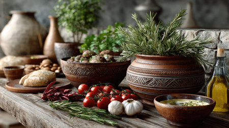A rustic kitchen scene showcasing an array of fresh ingredients, including colorful vegetables, herbs, and spices, perfect for culinary creations.の素材