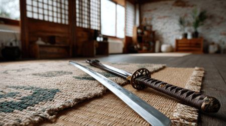 A stunning composition featuring finely crafted samurai swords resting on a traditional tatami mat, showcasing the elegance of Japanese culture and interior design.の素材