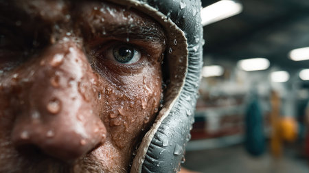 This dramatic close-up captures a boxer's intense expression, showcasing sweat droplets on his face, embodying the spirit of determination and focus in a training environment.の素材