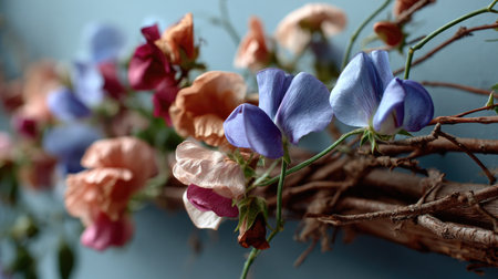 An enchanting arrangement of colorful sweet peas resting on natural twigs, set against a soft blue background, perfect for enhancing home decor with a touch of nature.の素材