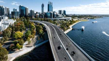 This stunning aerial view captures a vibrant urban landscape featuring skyscrapers, a serene river, and a busy highway, under a clear blue sky.の素材
