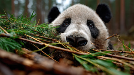 A captivating close-up view of a panda lying amidst green foliage in a serene forest environment, showcasing its expressive eyes and curious nature.の素材
