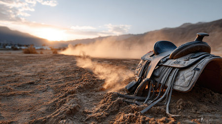 A stunning close-up of a rustic saddle resting in the dusky light, surrounded by a tranquil desert landscape, evoking feelings of adventure and peace.の素材