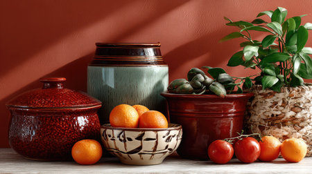 This captivating still life features a rich arrangement of fresh fruits and colorful ceramic pots. The warm backdrop enhances the inviting and cozy atmosphere, making it a delightful addition for kitchen decor or culinary inspiration.の素材