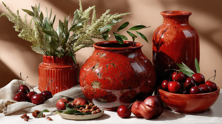 A beautiful arrangement featuring vibrant red ceramics and fresh cherries, accented by delicate greenery, creating an artistic and warm atmosphere.の素材