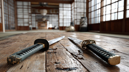 Two traditional Japanese katana swords lie flat on a rustic wooden floor, showcasing the beauty of craftsmanship and the serene atmosphere of a historical indoor setting.の素材