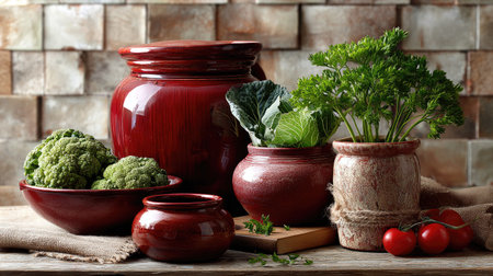 A beautiful arrangement of fresh vegetables and herbs displayed in decorative red pots on a rustic wooden surface, set against a stylish brick background.の素材