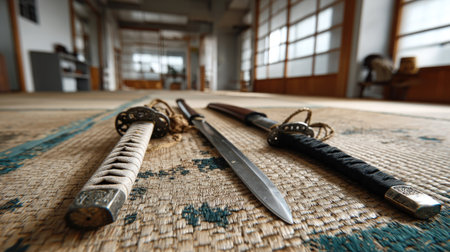 This image showcases a serene setting in a traditional dojo, featuring a katana, dagger, and sword artfully arranged on a tatami mat. Ideal for martial arts themes.の素材