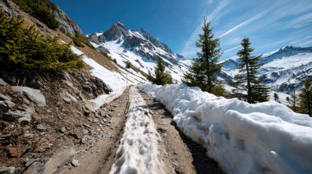 A breathtaking mountain pathway lined with snow leads to stunning peaks under a clear blue sky, inviting adventurers to explore nature's beauty.の素材