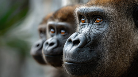 This captivating image features three gorillas in close-up, highlighting their intense expressions and intricate details of their faces amidst a soft-focus background.の素材