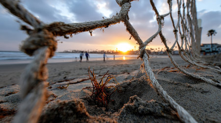 A captivating beach scene featuring a sunset viewed through a fishing net. Silhouetted figures stroll along the sandy shore as waves gently lap at the coast.の素材