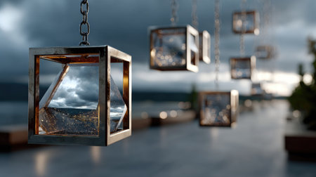 This captivating image features hanging geometric sculptures reflecting a moody sky over calm water, creating a tranquil atmosphere in a contemporary outdoor setting.の素材