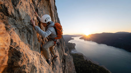 A dynamic scene of a climber scaling a rocky cliff at sunset, showcasing a breathtaking view of a river and wild landscape, capturing the essence of adventure.の素材