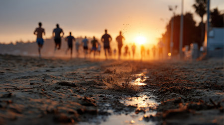 A stunning scene of runners moving energetically along a sandy beach during sunrise, with splashes of water in the foreground and a warm orange glow illuminating the landscape.の素材