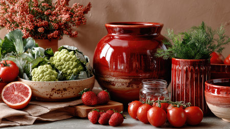 A beautiful arrangement of fresh organic vegetables and fruits, featuring vibrant tomatoes, strawberries, and cauliflower in rustic pottery. Perfect for culinary themes.の素材