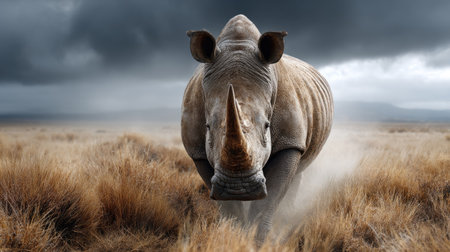 A powerful rhinoceros moves gracefully through a golden grassland, surrounded by a moody, cloudy sky. This stunning image captures the essence of wildlife.の素材