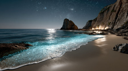 This captivating beach scene at night showcases tranquil waters illuminated by moonlight, coupled with shimmering waves and a starry sky.の素材