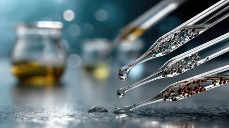 A close-up image of droppers releasing liquid droplets on a reflective surface, with blurred glass containers in the background. The image captures the essence of laboratory precision and experimentation, emphasizing modern scientific research.の素材